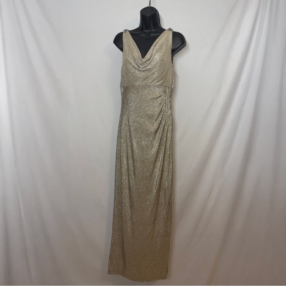 Ralph Lauren Gold Glitter-knit Ruched Maxi Evening Gown (size: 8)